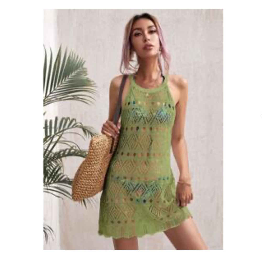 Scallop green trim knit coverup beach dress Shein